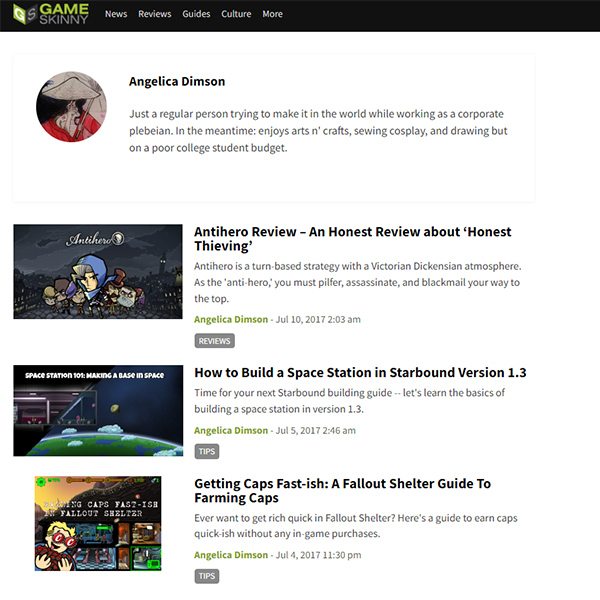 Screenshot of Gameskinny's author page